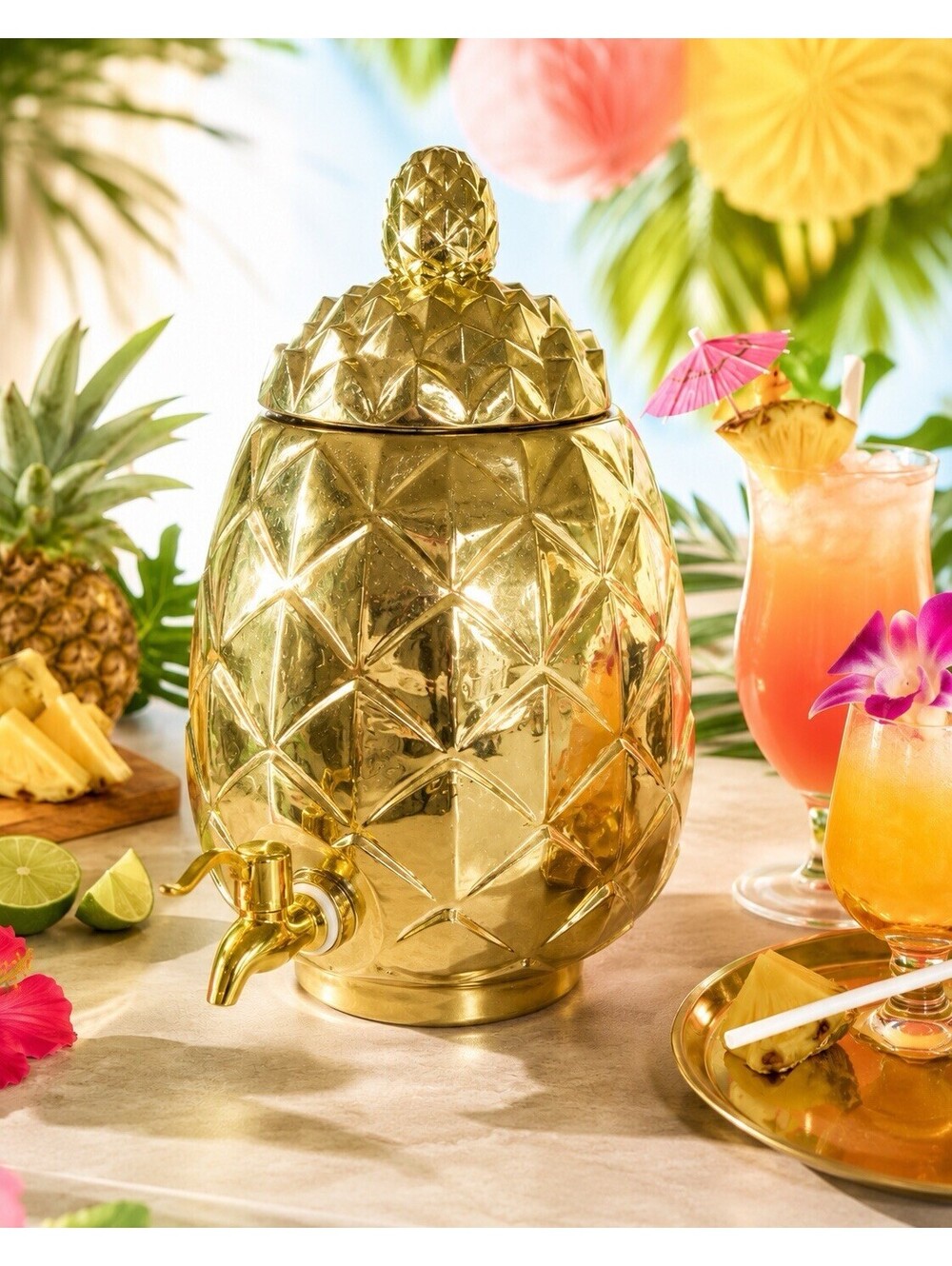 BarCraft Pineapple Drinks Dispenser Tropical Chic Gold Glass, 6 L 1.6 Gal, 5x13”